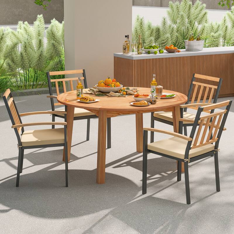 Gymax Round Patio Dining Table Acacia Wood Outdoor Dining Table w/ 2''