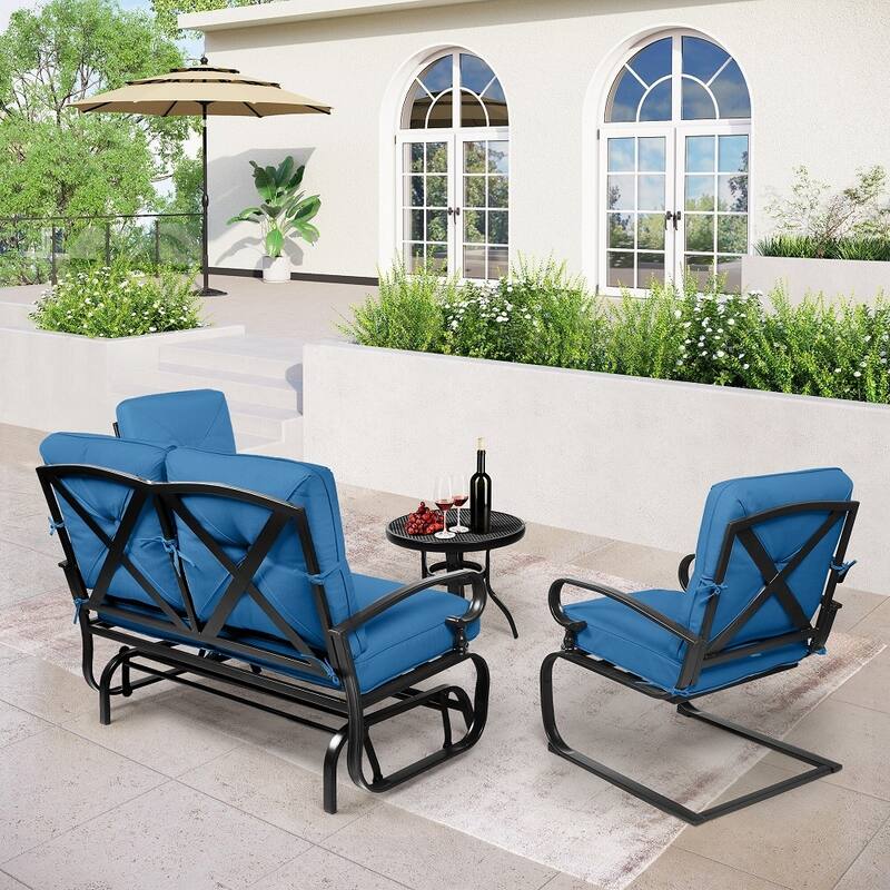 4-Piece Outdoor Patio Glider Loveseat and Rocker Conversation Set with Cushions