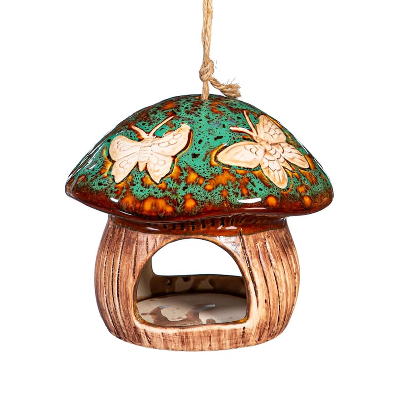 Ceramic Fantasy Green Mushroom Bird Feeder