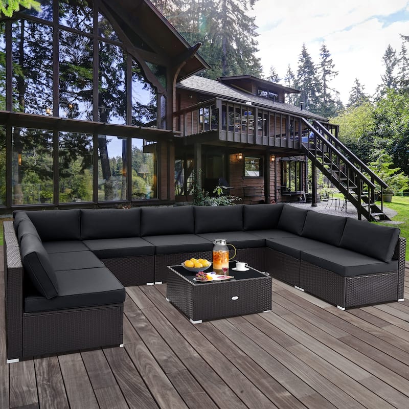 10 Piece Outdoor Wicker Conversation Set with Seat and Back Cushions - 29" x 25" x 25"