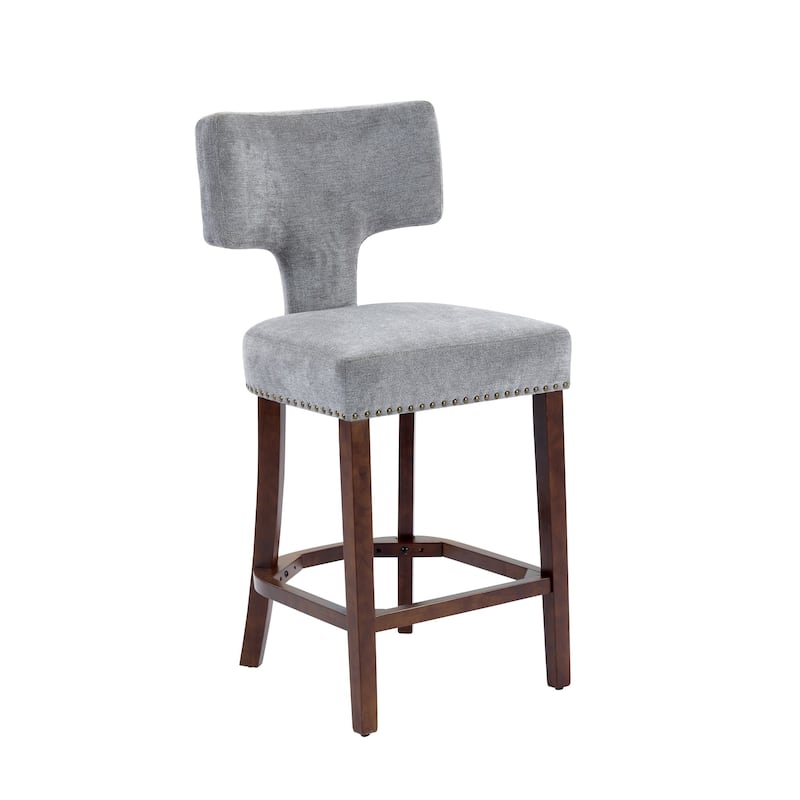 Counter Height Bar Stools Set of 2, Linen Upholstered Accent Chairs, Curved Backrest with Nailhead Trim and Splayed Legs