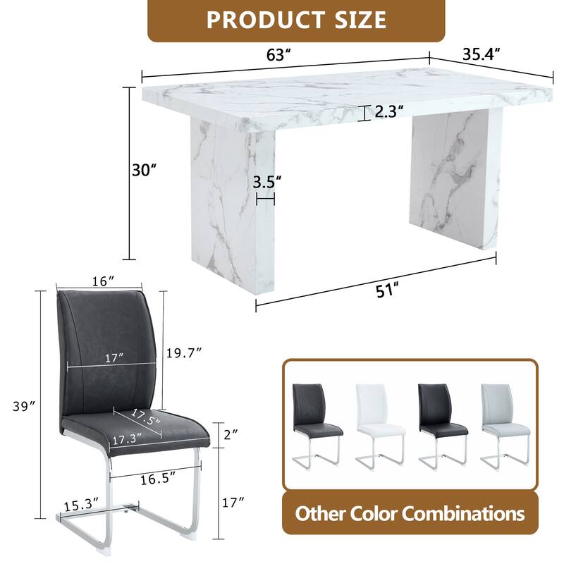 5-Piece Dining Table Set with Marble Pattern, Chair With Arched Metal Silver Leg, Adjustable Feet and Non-slip Pads Black