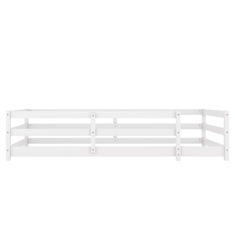 Twin Size Pine Wood Fenced Floor Panel Bed for Kids with No Box Spring Needed and Easy Assembly