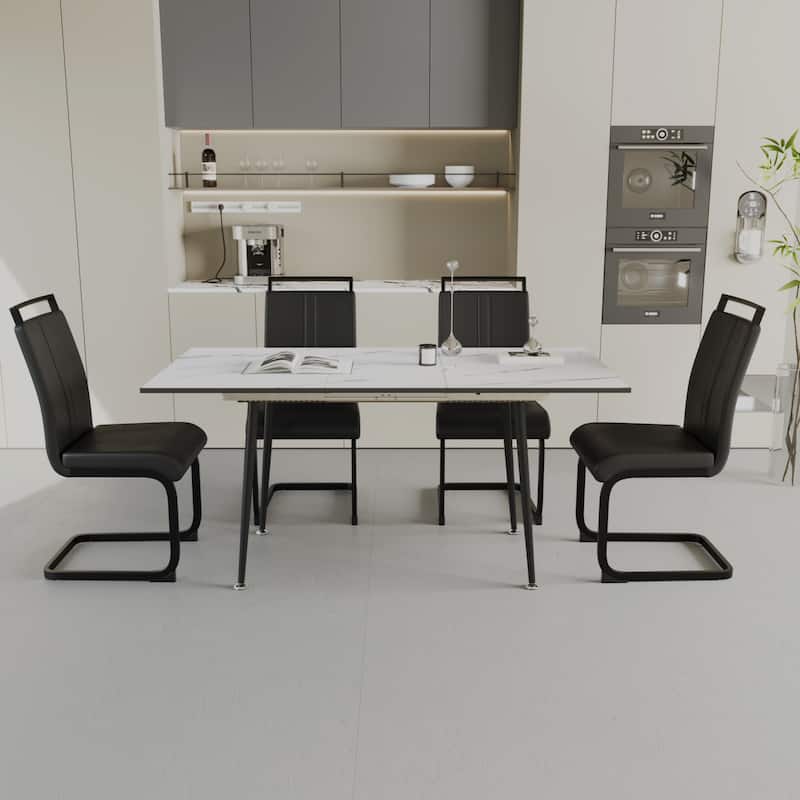 Modern Dining Set with Rectangular Extendable Table & High Back C-shaped Tube Chairs - 5-Piece Sets - Black White