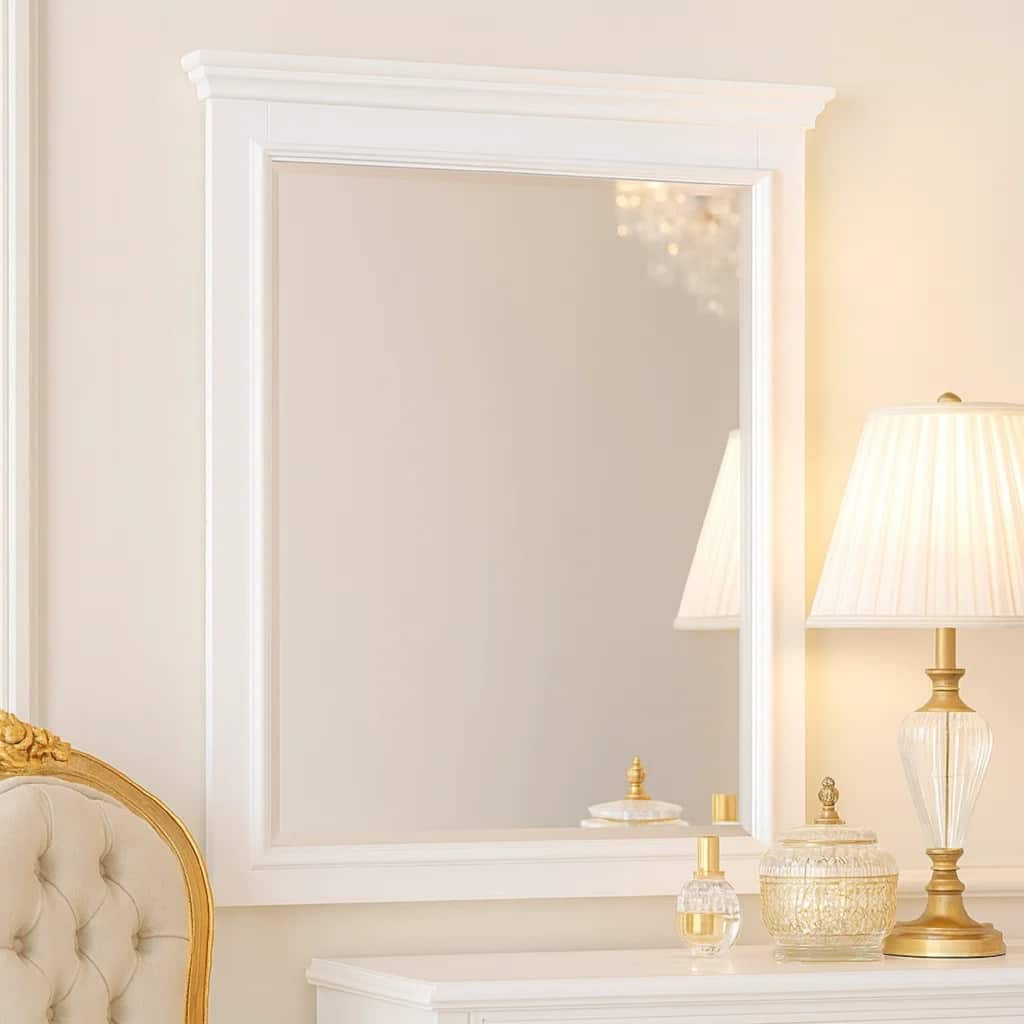 Contemporary Style Wood Rectangular Mirror, White - clear