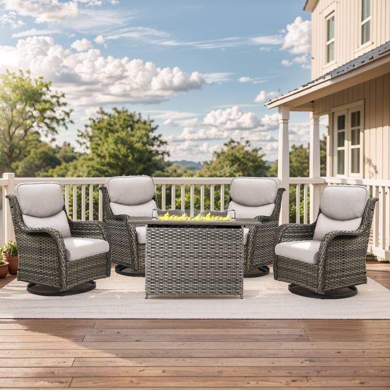 Outdoor Gliders Chairs with Fire Pit Table with 5-Inch Thick Cushions - Grey Rattan - Beige Cushion - 5PCS Swivel Chair w/ Rectangular Fire Table
