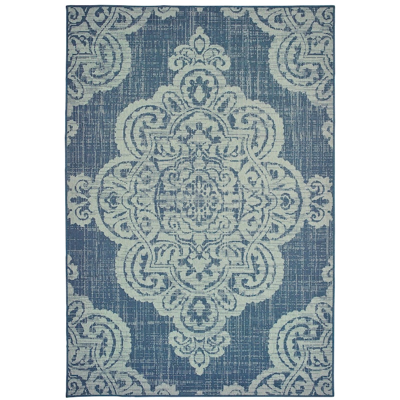 Marignane Navy Grey Oriental Medallion Outdoor Casual Area Rug