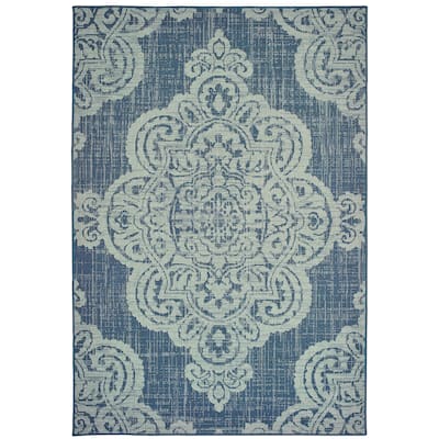 Marignane Navy Grey Oriental Medallion Outdoor Casual Area Rug