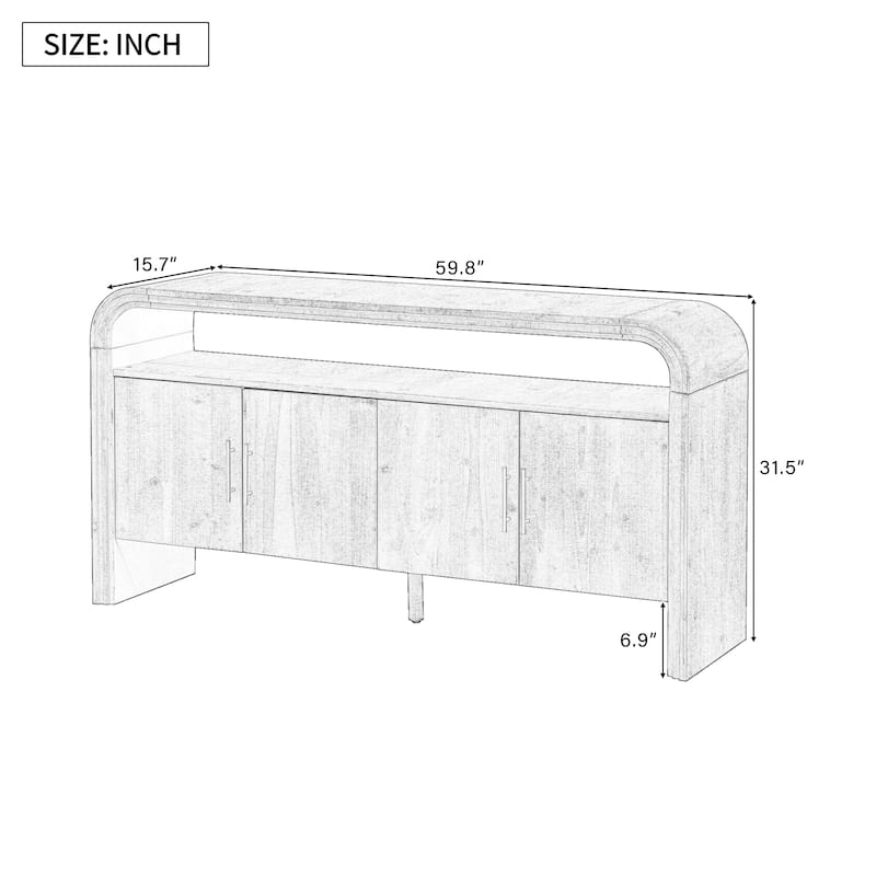 Curved Sideboard with 4 Doors, Wood Accent Entryway Console Table, Freestanding Buffet Cabinet with Open Shelves