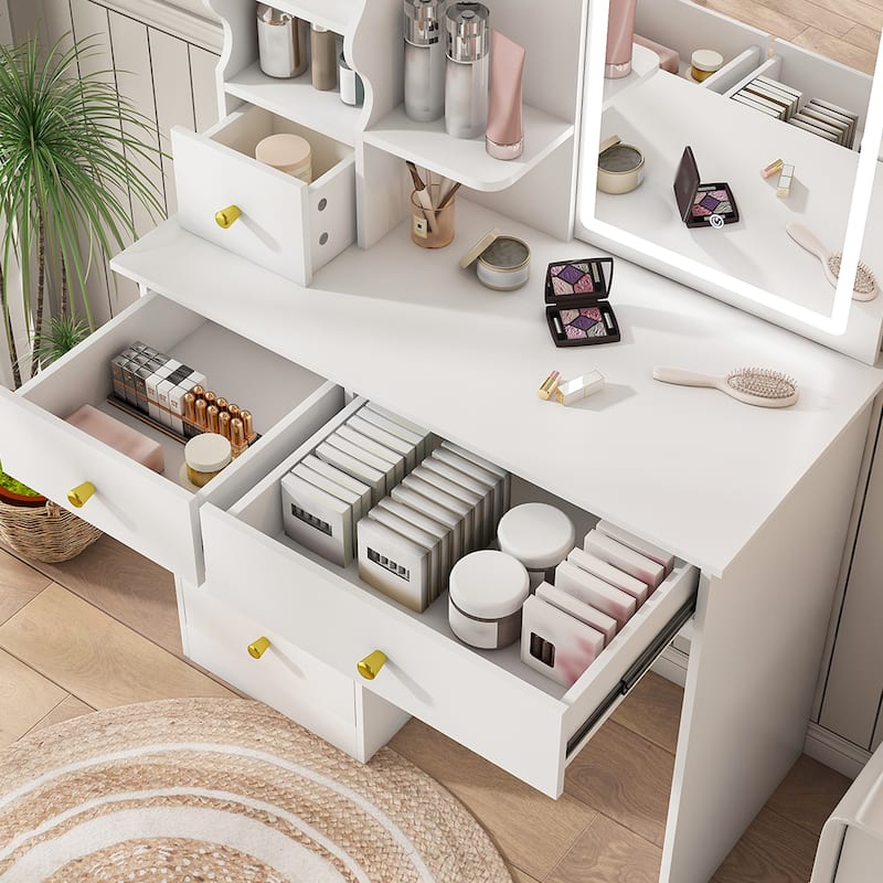 White Makeup Vanity Desk with HD LED Lighted Retractable Mirror Drawers and Open Shelves for Bedroom and Small Spaces