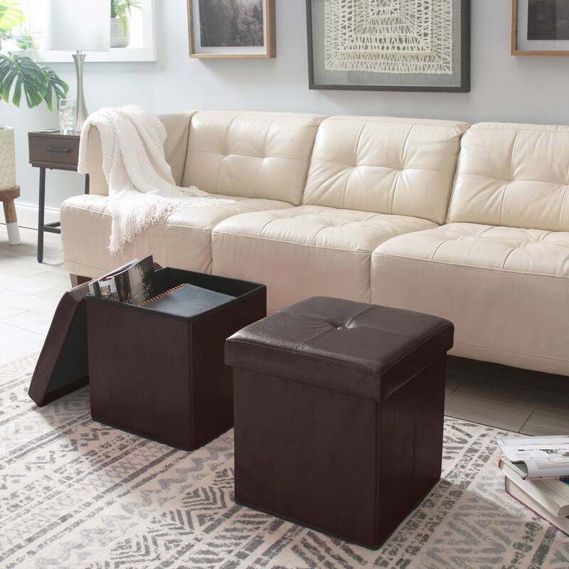 Simplify Faux Leather Folding Storage Ottoman Cube in Chocolate