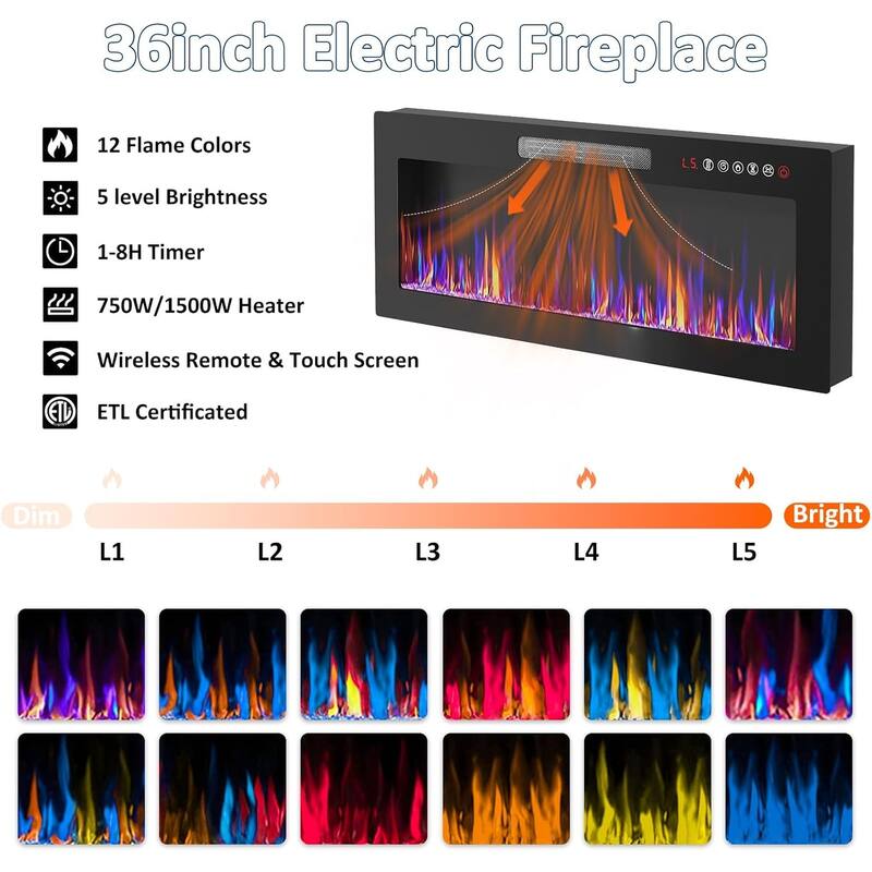 Bossin 80" Fireplace TV Stand with 36" Electric Fireplace, TV Stand for TVs Up to 90", 16 Colors LED Lights/Entertainment Center