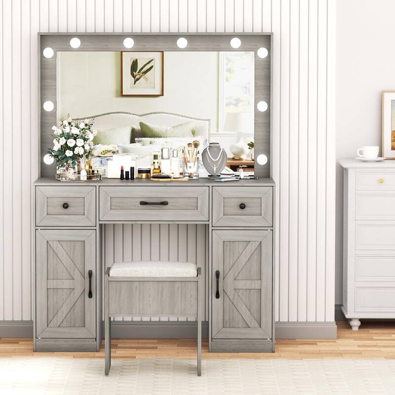 43.3'' Wide Makeup Vanity Dressing With Lighted Mirror and Stool