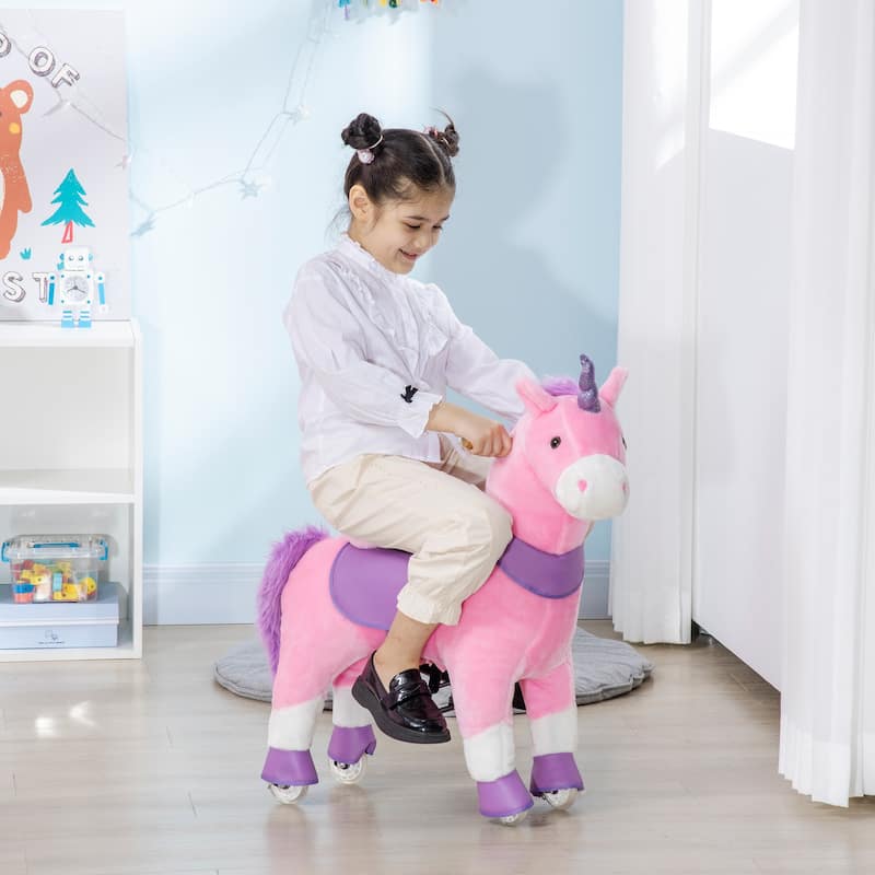 Pink Plush Steel Ride-On Unicorn with Pedal Motion and Smooth Wheels - 27.5" L x 12.5" W x 34.25" H - Pink