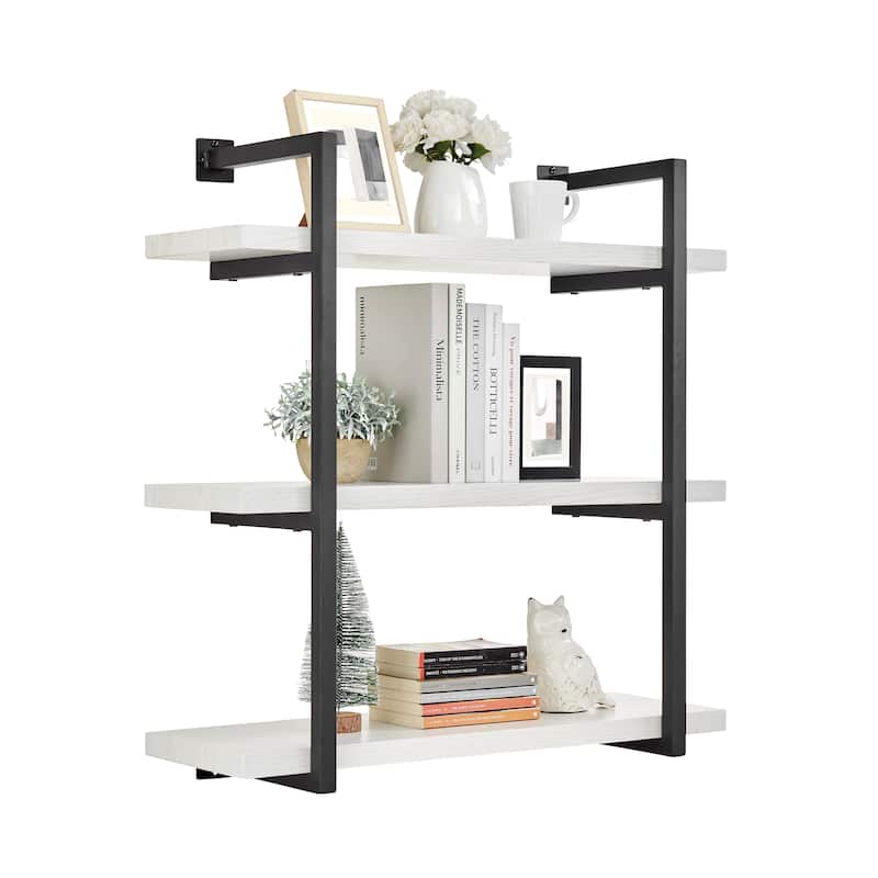 Danya B. Modern 3-Tier Hanging Bracket Wall Shelves in Black Metal and White Birch Finish