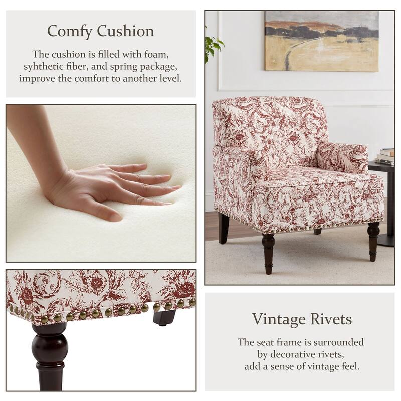 Striped Upholstered Linen Armchair with Brass Nailhead Trim