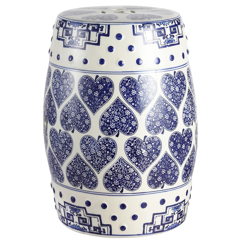 Happy Hearts 17.8" Chinoiserie Ceramic Drum Garden Stool, Blue