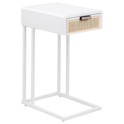 Lanie Side C Table, 1 Drawer, Sleek White Metal Frame, Faux Rattan