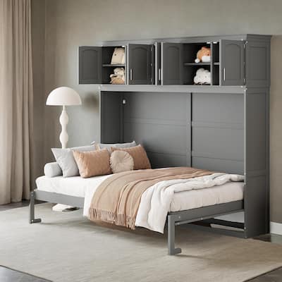 Queen Size Wooden Murphy Bed Wall Bed with Top Cabinets