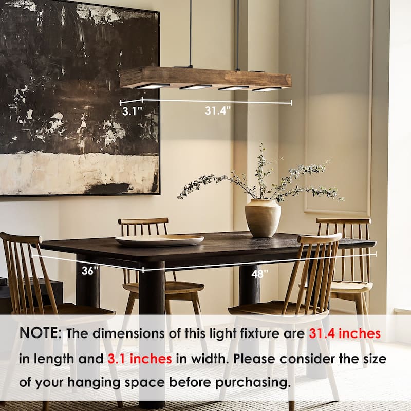 6-Light Modern Farmhouse Brown Wood Linear Integrated LED Island Pendant for Kitchen Dining Room - 31.4 in. L