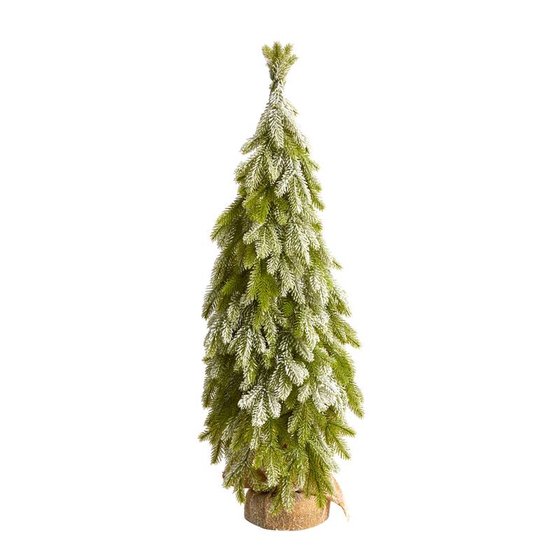 35in. Snow Flocked Down Swept Holiday Artificial Christmas Tree in Burlap Base - Rustic X-Mas Decoration
