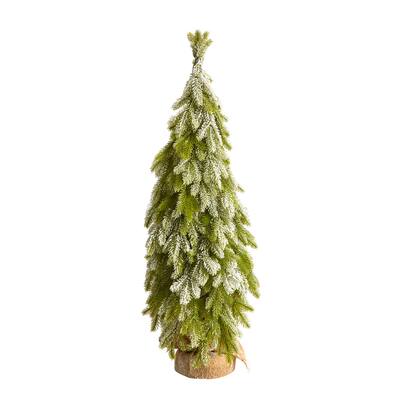 35in. Snow Flocked Down Swept Holiday Artificial Christmas Tree in Burlap Base - Rustic X-Mas Decoration