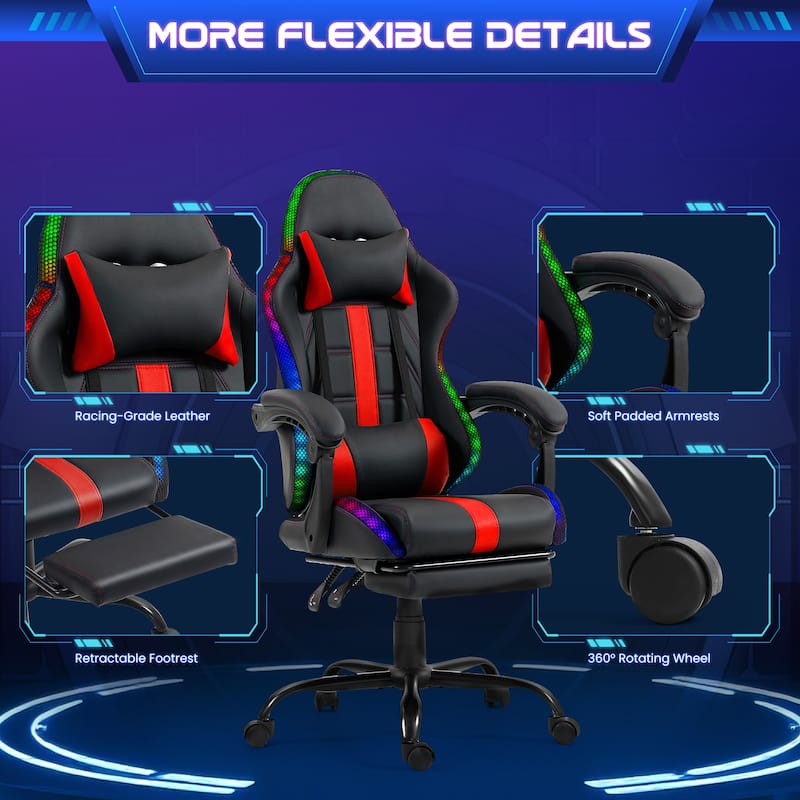 EROMMY RGB LED Gaming Chair with Thickened Massage Lumbar Pillow & Upgraded Footrest, Reclining Ergonomic Chair