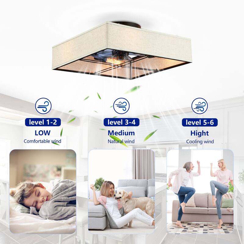 16.6" Square Fabric Farmhouse Flush Mount Ceiling Fan