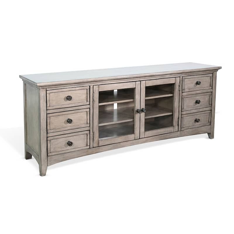 Xyla TV Stand Media Cabinet Glass Door, 6 Drawers, Gray Wood, 62 Inch