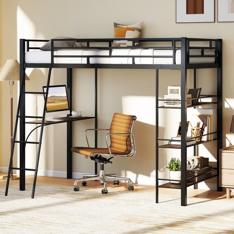 Rustic Brown Twin Loft Bed with Built-In Desk and Storage Shelves Black Metal Frame for Kids or Teens