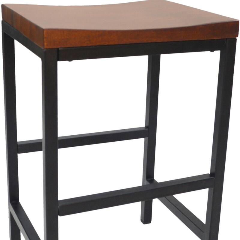 Contemporary Chestnut Swivel Solid Wood Saddle Seat Bar Stool with Footrest and Black Steel Frame