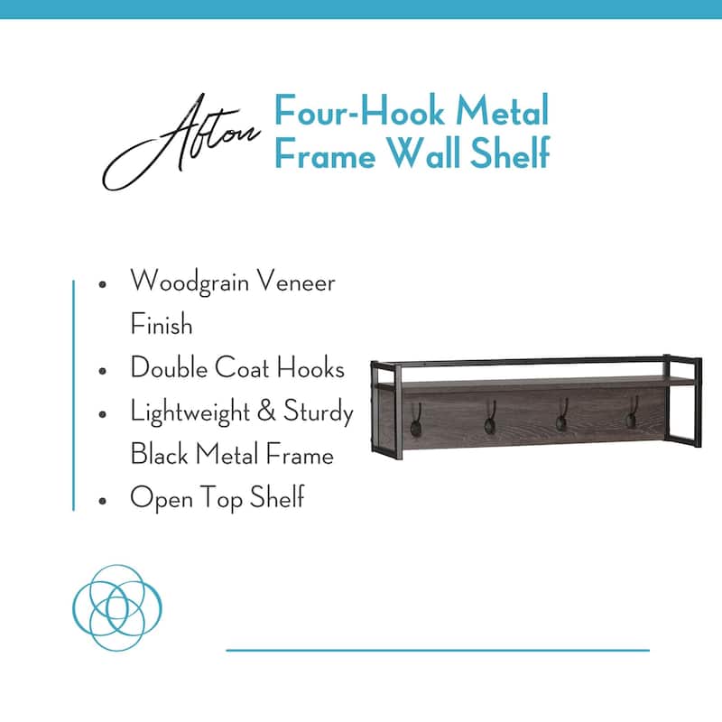RiverRidge Afton 4-Hook Wall Mount Entryway Organizer Coat Rack Hanger - Weathered Woodgrain and Dark Brown Hooks