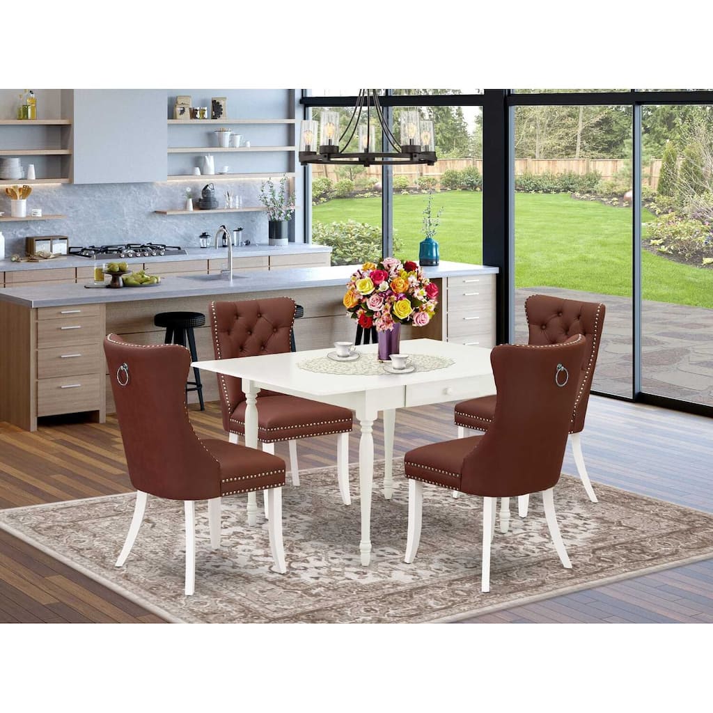 5-Piece Linen White Finish Solid Wood Top - Rectangular Upholstered Dining Room Set - Seats 4