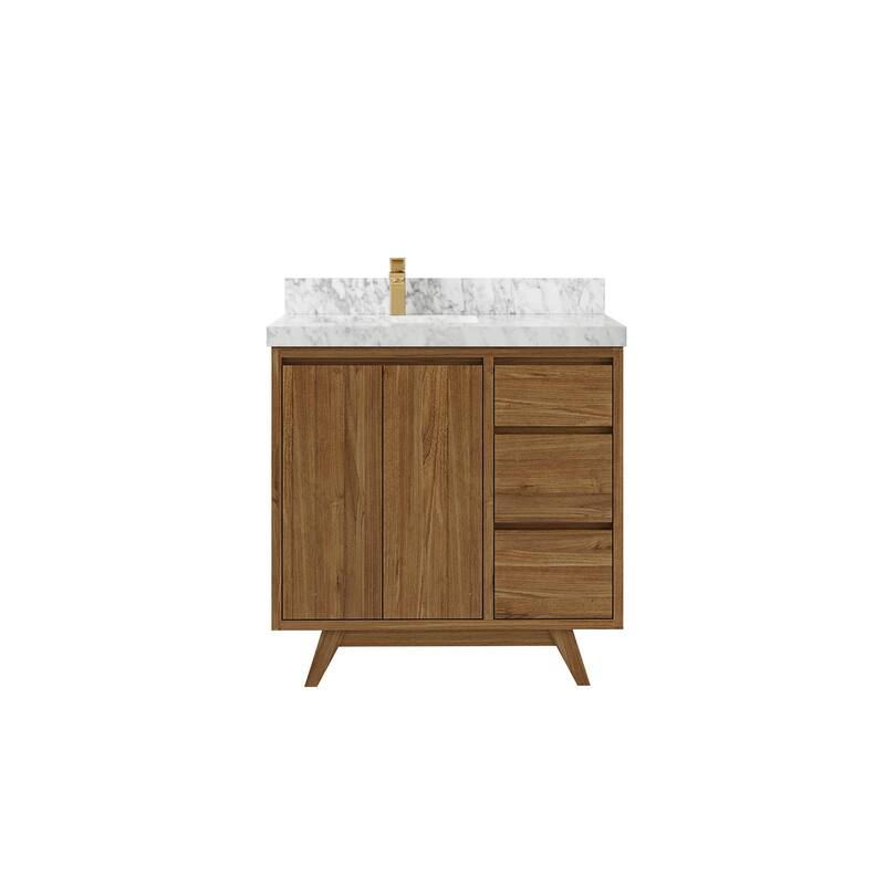 Willow Collections 36 in. W x 22 in. D Madison Teak Left Offset Sink Bathroom Vanity with Countertop - 2"Carrara Marble - Gold Teak