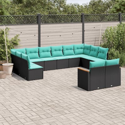 vidaXL 12 Piece Patio Sofa Set with Cushions Black Poly Rattan