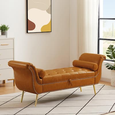 Leather Upholstered Bench with Nailhead Trim and Metal Legs