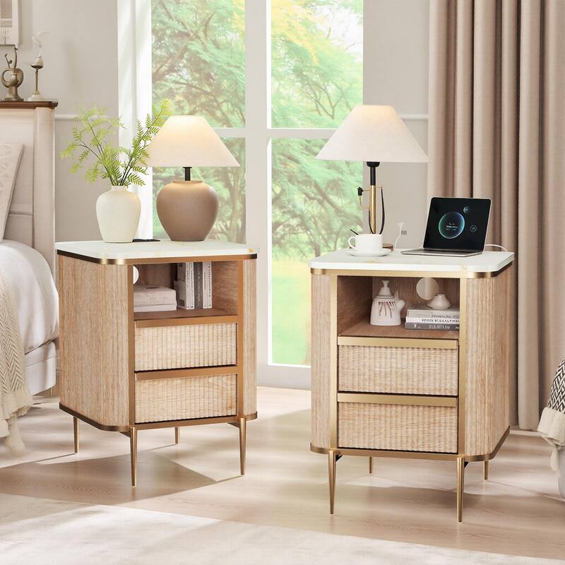 Modern Fluted Nightstand Set of 2 with Charging Station, End table - Natural Oak