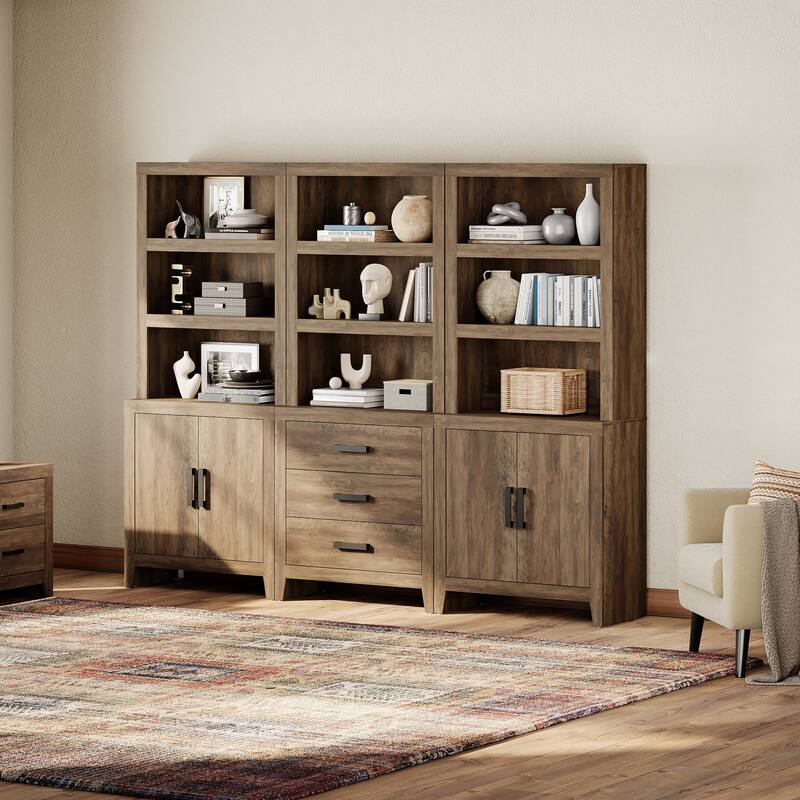 WAMPAT 74" 3-Piece Tall Bookshelf, Farmhouse Bookcase with Doors & Drawers for Living Room & Office