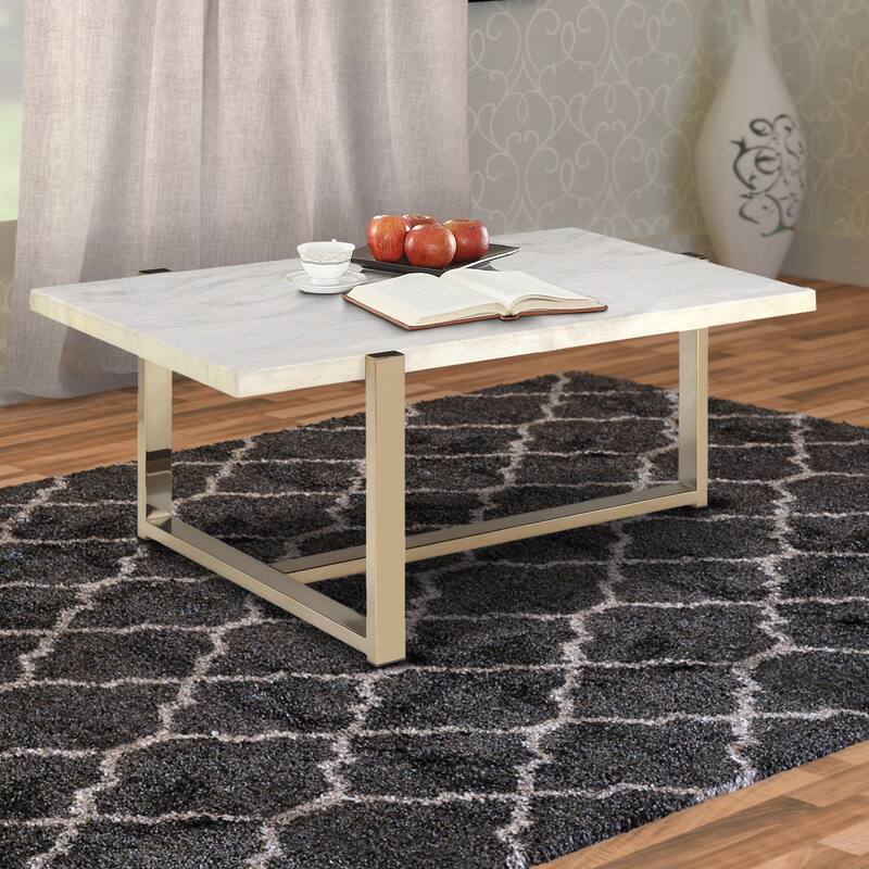 Modern Metal Framed Coffee Table with Faux Marble Top, White and Gold