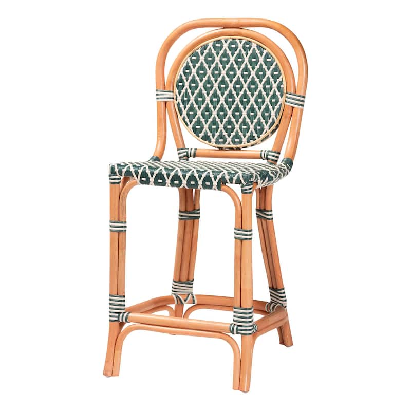 Mattie Rattan Bistro Counter Stool - Handwoven Accent Seating with Backrest for Kitchen Island or Indoor/Outdoor Lounge - Natural Brown/Green/White