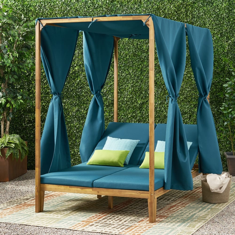 Kinzie Outdoor 2-seat Adjustable Acacia Daybed with Curtains by Christopher Knight Home - 51.25" L x 78.75" W x 78.75" H