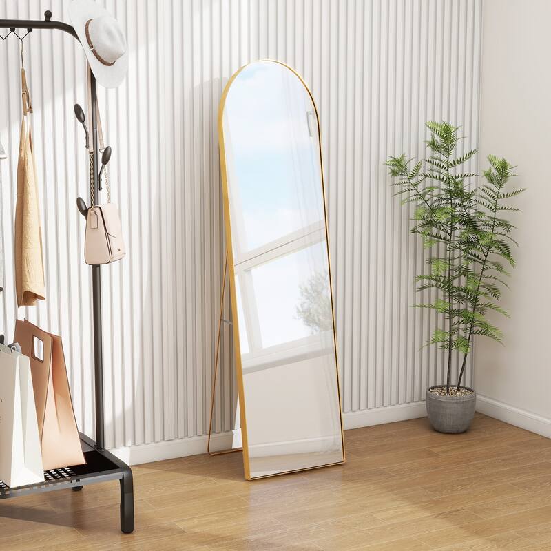 Full Length Arched Mirror with Shatter-Proof Glass & with Stand Aluminum Alloy Frame for Bedroom Cloakroom, Floor Standing - 59"L x 16"W - Gold