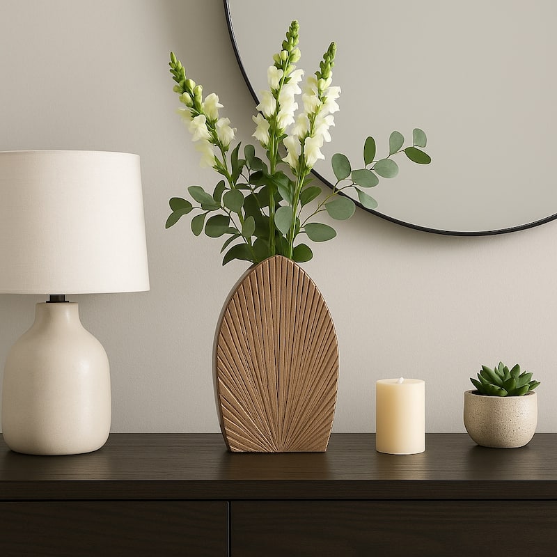 Decorative Metal Flower Vase With Grooved Detailing - Stylish Chic Home Accent Decor
