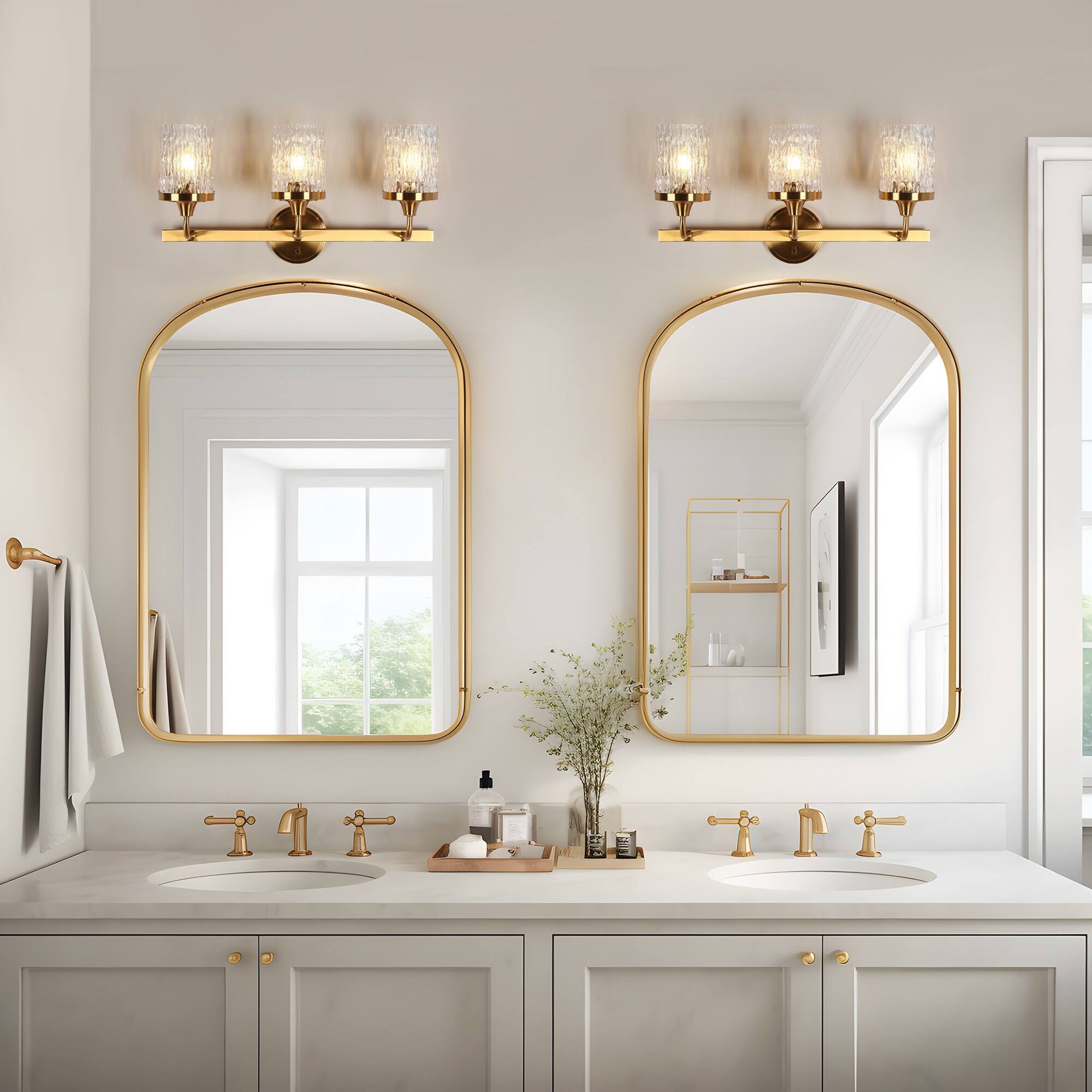 Modern 3-Light Brass Bath Vanity Light Glass Wall Sconces - Brass Gold ...