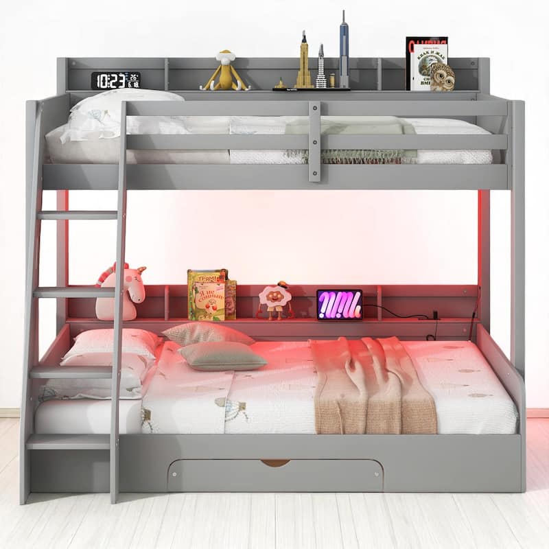 Twin Over Full Bunk Bed with Storage Shelves, LED Lights, Charging Station, and Drawer, kid bed,Storage bed - Grey