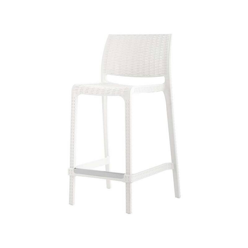HomeRoots Set of Two 26" White Faux Rattan Low Back Outdoor Counter Height Bar Chairs