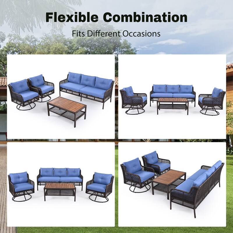 4-Pieces Outdoor Rattan Conversation Sofa Set with Swivel Chairs and Coffee Table