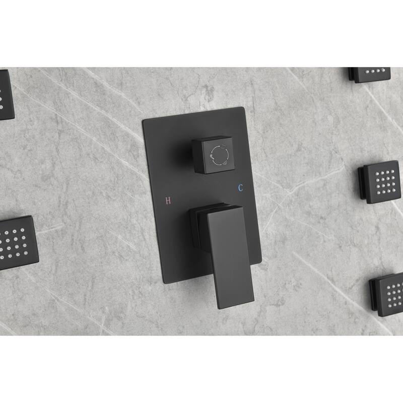 Wall mounted shower system with 6 body sprays and hand shower