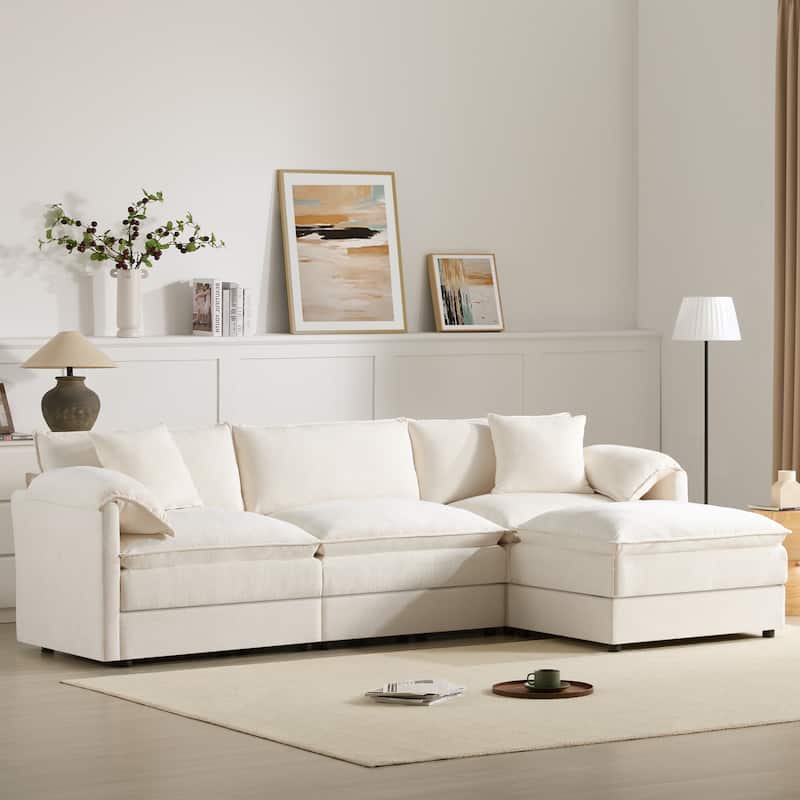 Roomfitters 103" Chenille Sectional Sofa, L Shaped Cloud Couch with Deep Wide Seat, 4 Seat Sofa with Ottoman - White