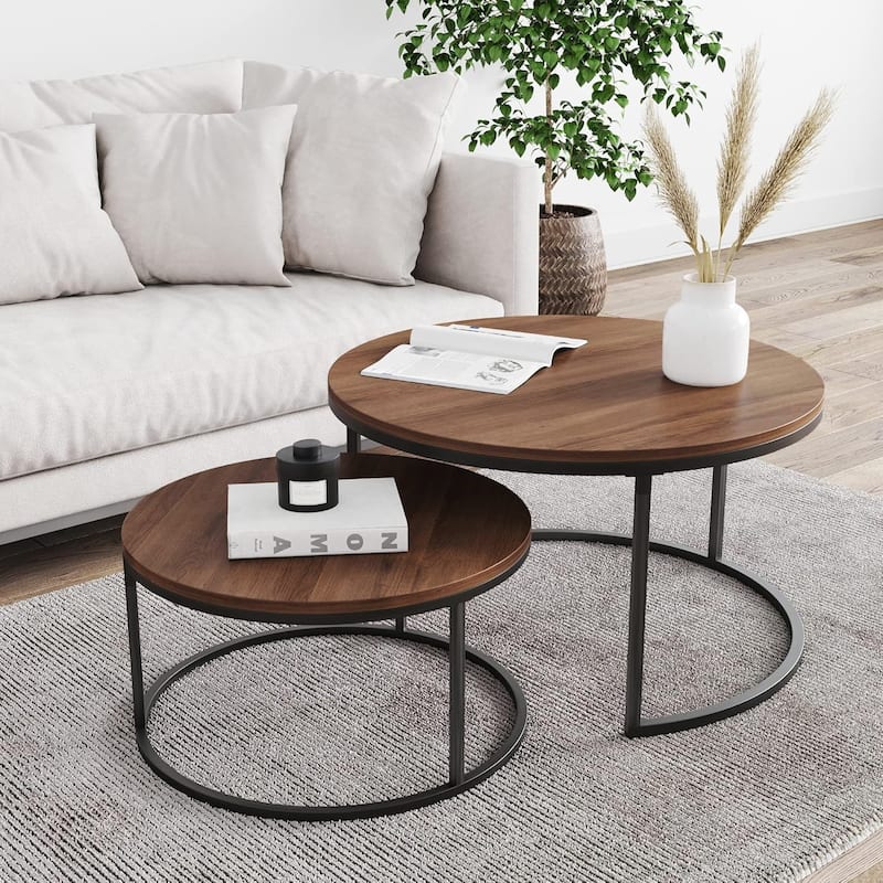 Nesting Coffee Tables, Round Nesting Tables Set of 2, End Tables for Living Room, Circle Coffee Tables, Side Tables - Brown